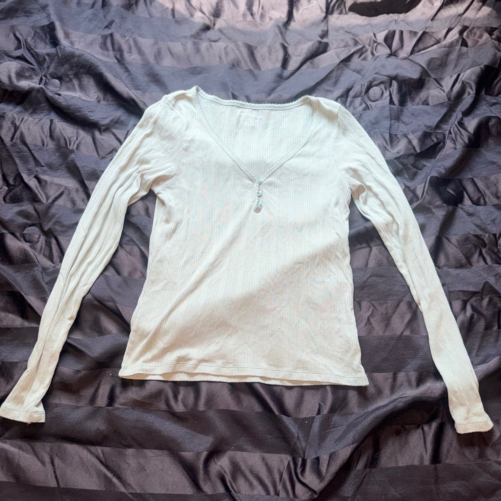 American Eagle Pointelle Top Womens L Green V-Neck Henley Coquette Soft Girl